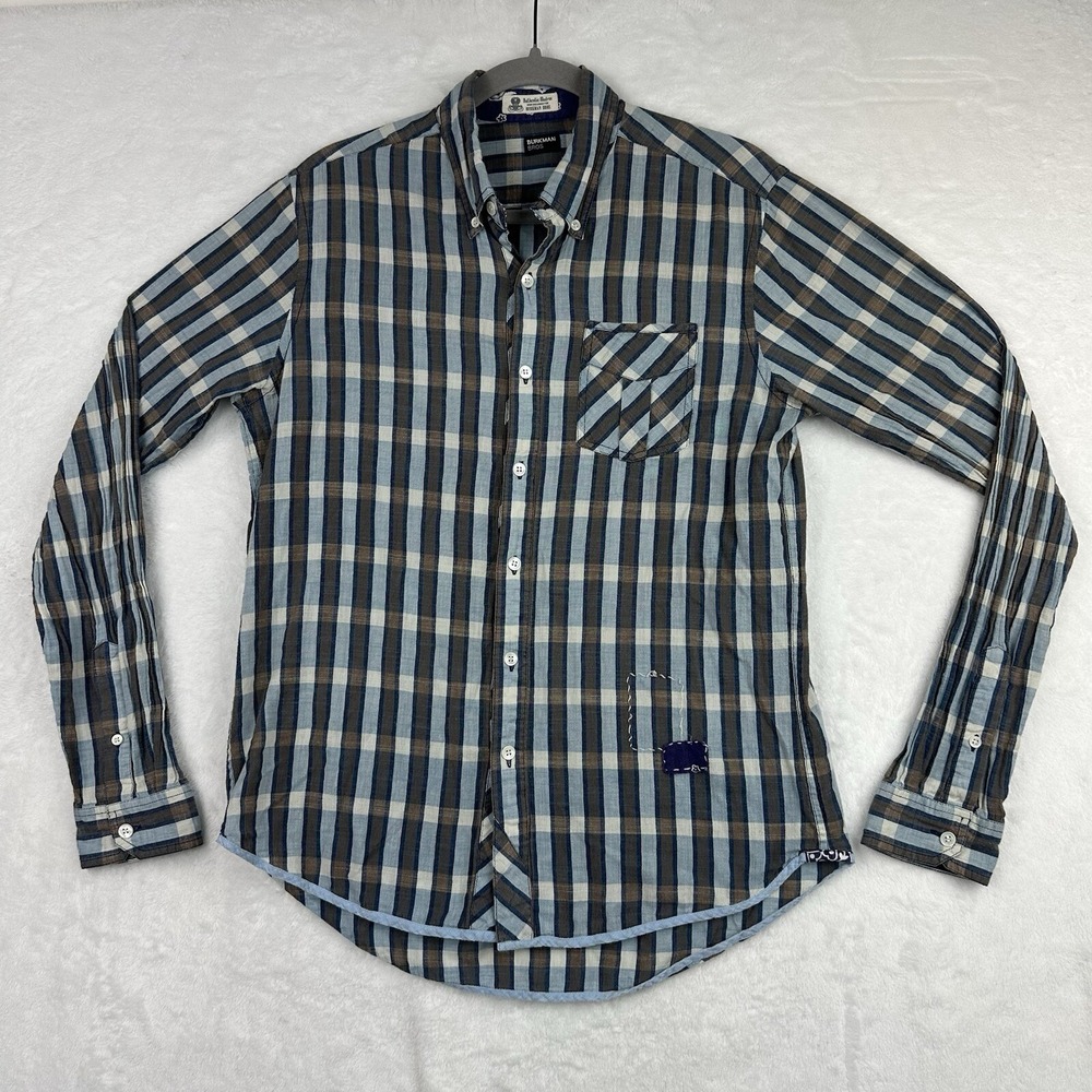 Burkman Bros Shirt Mens M Authentic Madras Plaid Button Down Olive Brown Blue